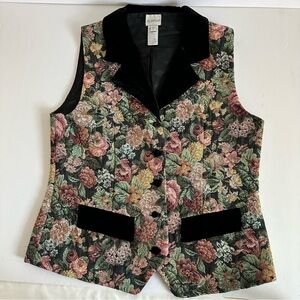 Vintage Elizabeth Terrell Tapestry Floral Vest Velvet Collar Size 12